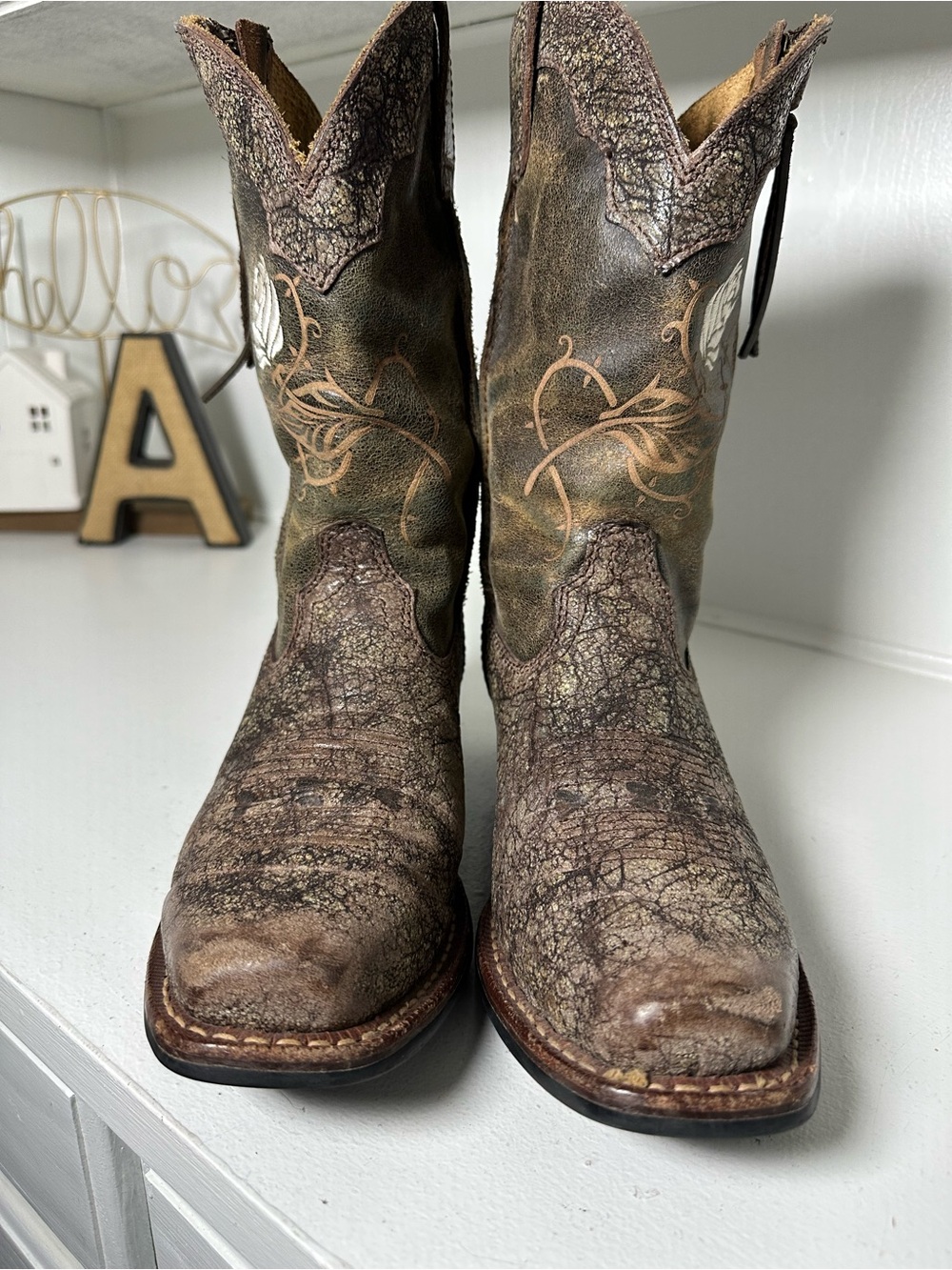 Shyanne Cowboy Boots Womens 8.5 Brown Crackle Leather Rose Embroidered Western - Picture 4 of 9